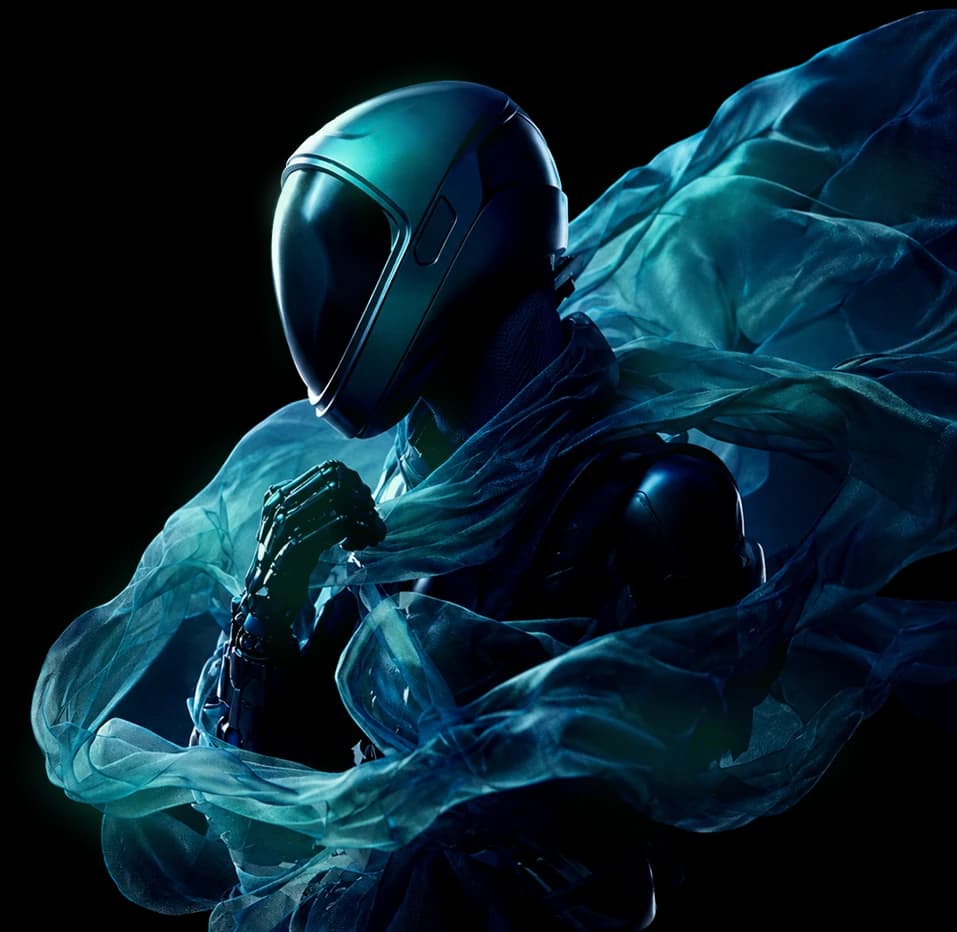 A helmeted robot wrapped in flowing teal fabric